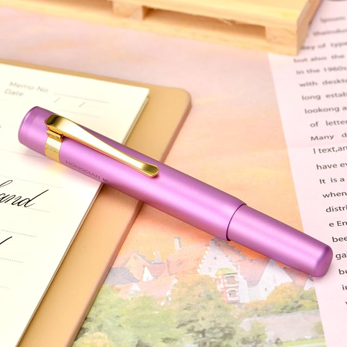 HONG DIAN M2 Black Forest Mini Fountain Pen, Fine Soft Golden Nib & Sleek Shape Aluminium Short Pocket Travel Pen (Lilac Purple)