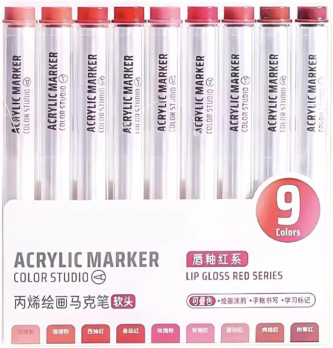 Red Acrylic Paint Pen Markers, 9 Colors Soft Brush Tip Paint Pens for Wood Glass Eggs Rock Painting Canvas Stone Fabric DIY Crafts Making Art Supplies (Red)