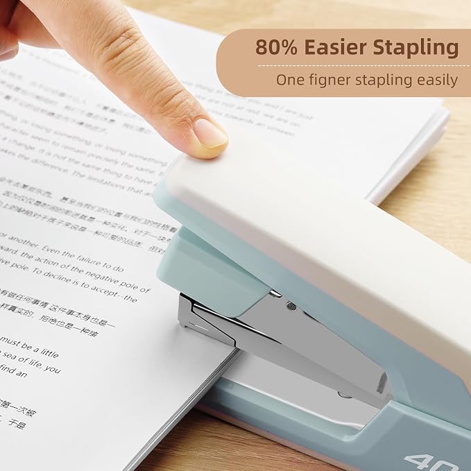 Deli Effortless Desktop Stapler, Heavy Duty Stapler, 40-50 Sheet Capacity, One Finger, No Effort, Includes 1500 Staples & Staple Remover, Blue