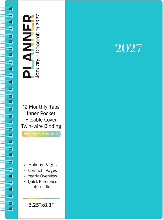 2027 Planner - Planner/Calendar 2027, Jan.2027 - Dec.2027, 8.3" x 6.25" | Tabs, 2027 Calendar Planner, Flexible Cover, A5 Thick Paper, Twin-Wire Binding, 2027 Planner Weekly and Monthly - Aqua Green,