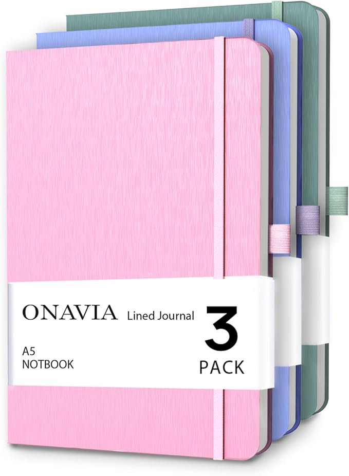 ONAVIA A5 Notebooks for Work, Lined Journal, 3 Pack, 160 Pages, Multicolors | 80 Sheets, 5.8 x 8.3 in, Lay Flat, College Ruled, A5 Hardcover Journal, Lined Notebook for Work, School, Note Taking