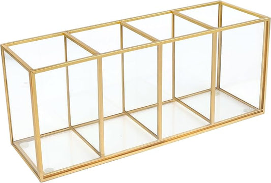 Pencil Holder for Desk,Tempered Glass Pen Holder,3&4 Compartments,Desktop Storage Organizer for Office Supplies,School Supplies,Pens,Markers,Pencils,Scissors,Paperclips (Gold, 4 compartments)