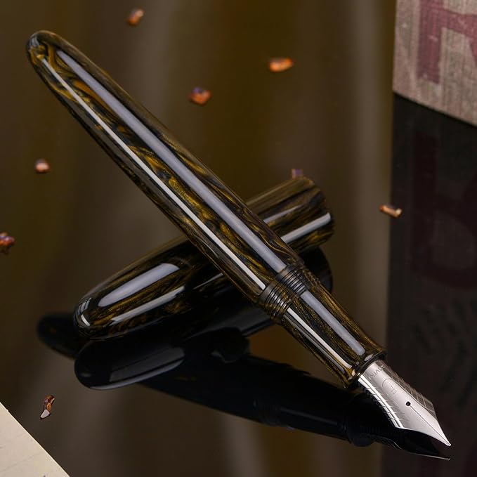 Asvine C80 Fountain Pen #8 Stub 1.1mm Nib Large Handcraft Calligraphy Art Drawing Pen with Converter Pen Case Collection Set (Brown Gold)