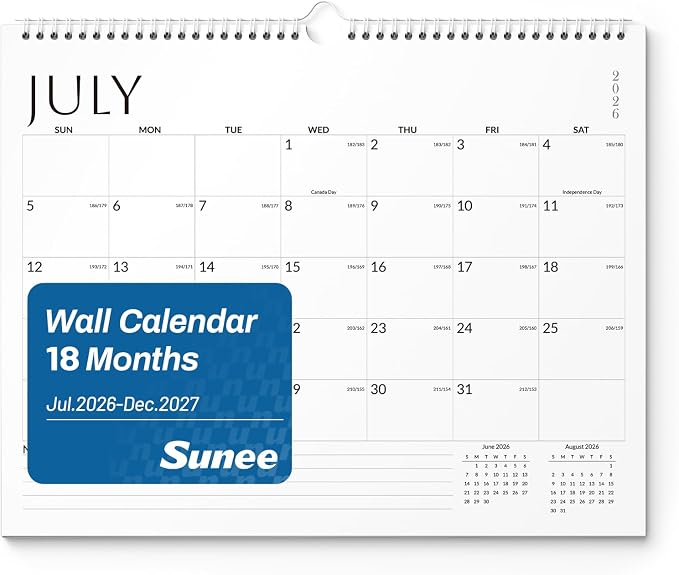 SUNEE 2026-2027 Calendar - 18 Months Wall Calendar Jul. 2026 - Dec. 2027, 14.5"x11.5" Big Grid Hanging Calendar with Note for Organizing & Planning, White