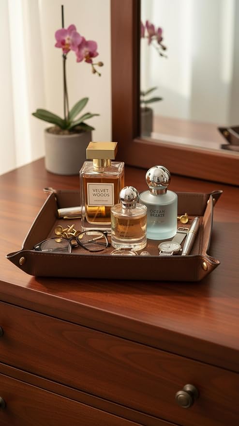 VLANDO Valet Tray Organizer, Foldable PU Leather Catchall Tray, Brown | Large 8.5 Inch Nightstand Dresser Desk and Entryway Organizer for Keys, Wallet, Watch, Phone, Coins and Jewelry