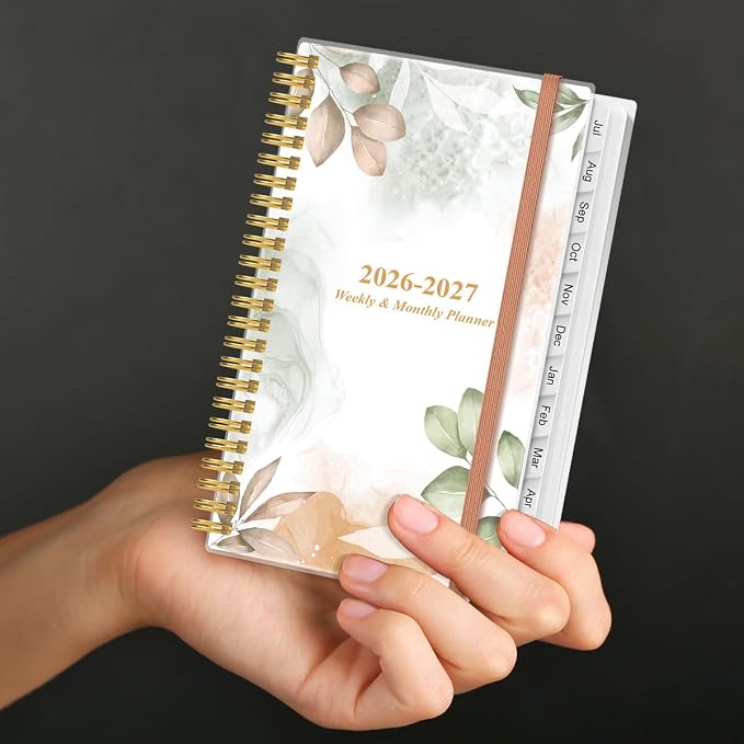 2026-2027 Pocket Planner/Calendar - 2026-2027 Planner from July 2026 - June 2027, Planner 26-27 with 12 Tabs, Twin-Wire Binding, Inner Pocket, 3.75" x 6.75, Rose Leaf