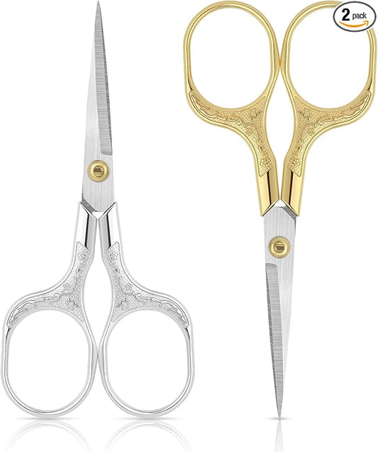Small Embroidery Scissors,Set of 2 Sewing & Craft Scissors for Precision Cutting,Stainless Steel Fabric Paper Scissor,Gold & Silver