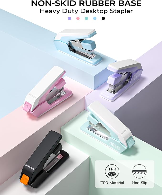 Marsrock Effortless Stapler for Desk with 40-50 Sheet Capacity, 2000 Staples, 1-Touch Stapling, Ergonomic & Easy to Load Desktop Staplers, Heavy Duty Stapler, and Magnetic Staple Remover, Blue