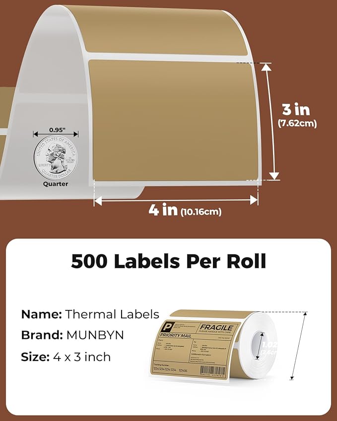 MUNBYN 4x3 Thermal Labels, 500 Sheets/1 Roll, Brown | Strong Adhesive & Perforated, Non BPA&BPS for Small Business, Shipping, Bakery, Clothing