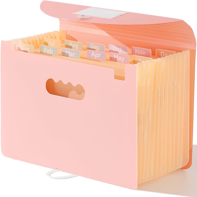 SortRax Accordion File Organizer 12 Pockets, Monthly Bill Receipt Tax Organizer, Expanding File Folders with Larger Bright Tabs, Fits Letter/A4 Size - Pink