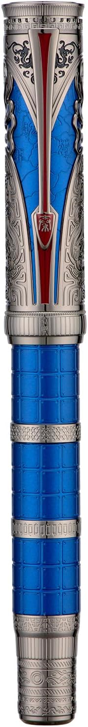 Hongdian D5X Fountain Pen Blue Color Extra Fine Nib, Qin Dynasty Retro Chinese Totem Engraving Smooth Writing Pen with Converter and Pen Box Set