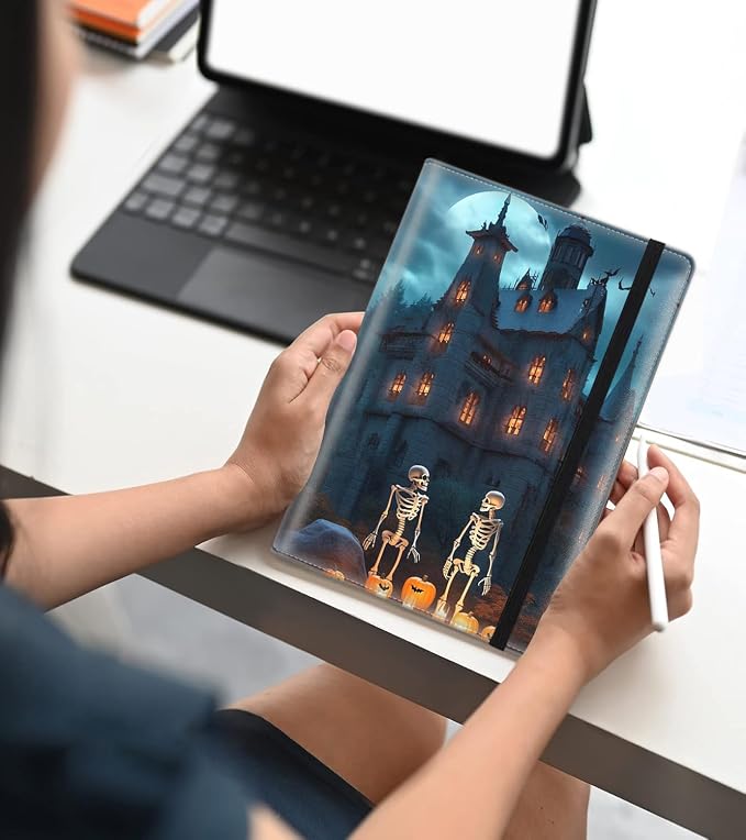 A5 Leather Lined Journal Notebook, 200 Pages Hardcover Executive Notebook for Men Women Office School Note Taking, Thick Writing Paper Daily Journal with Bookmarks/Indexes, Castle Skeleton
