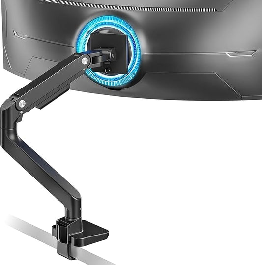 ARES WING Ultrawide Monitor Desk Arm for 17 to 49 Inch Screen, Holds 44 Lbs | Pro Gas Spring, Full Range of Motion, for 75/100 Vesa Mount, for Samsung, LG Curved/Flat Monitor, with C Clamp, Grommet Base