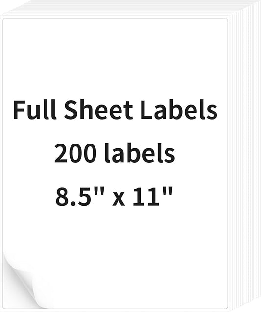 200 Sheets 8.5" x11" Full Sheet Shipping Labels, Printable Sticker Paper, Matte, Letter Size Label Stickers for Laser/Inkjet Printers (200 Labels)
