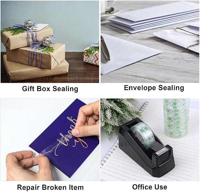 BOMEI PACK Tape Dispensers Desk, 1 Pack Black with 6Rolls Transparent Tape Refills, 1 Inch Core, for Gift Wrapping, School, Office and Home
