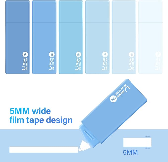 Unjoo Mini White Correction Tape Set (12pack, 5M/196" x 0.2", Blue) | Aesthetic Cute Correction Tape, Easy To Use, For school, Office Workers