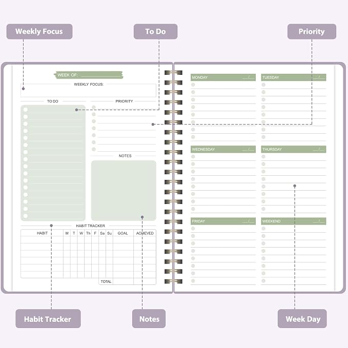 Undated Weekly Planner, Weekly To Do List Notebook, A5 Daily Planner | Office School Supplies, Spiral Binding, Inner Pocket, Goal, Organizer, Habit Tracker