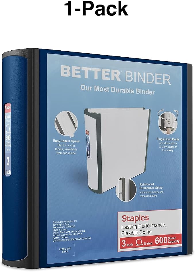 Staples Better Binder, 3" D‑Ring 3‑Ring Binder, Blue, Reinforced Rubber Spine, Heavy‑Duty Design, Holds up to 600 Sheets for School & Office