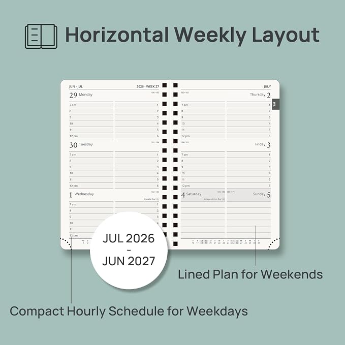 POPRUN Pocket Planner 2026-2027 (Size 4''x6.25'') Academic Pocket Calendar | Weekly Planner, Small Calendar Book(July 2026 - June 2027) with Hourly Time Slots, Spiral Leather Cover - Black