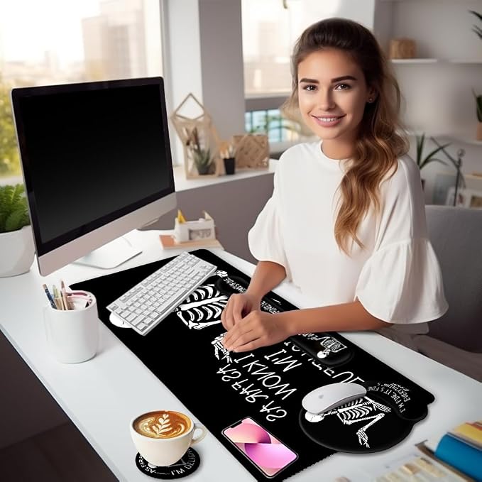 LIMKRIAN Ergonomic Mouse Pad with Wrist Rest Desk Mat Set, Skeleton Decor | Large Gaming Mouse Pads, Computer Keyboard Mat Wrist Support, Coaster, Funny Skull Office Desk Accessories Supplies