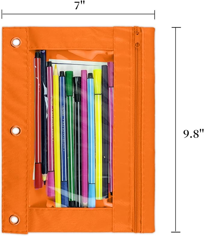 3-Ring Pen Pencil Pouch with Clear Window Stationery Bag Binder Case Classroom Organizers Orange
