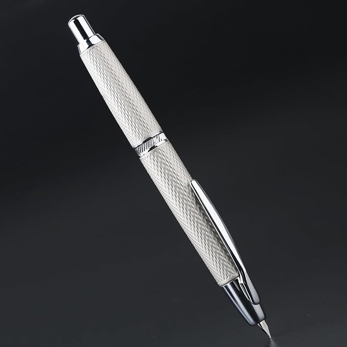 erofa Majohn A1 Retractable Fountain Pen with Box, Press Extra Fine Nib Metal White Grid Ink Pen with Converter Writing Set (With Clip Version)