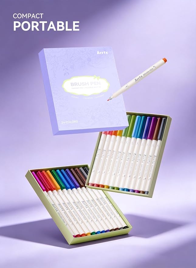 Arrtx Brush Marker Pens 24 Colors, Water-Based Ink Brush Pens for Hand Lettering, Journaling, Sketching, Outline Drawing & Illustrations,Art Supply