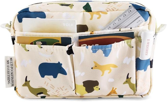 E-WEICHEN Multiple Pockets Portfolio Organizer with Zippered, Makeup Bag Travel Essentials for Women, Simple Waterproof Stationery Pencil Pouch Bag for Journal Office Art Supplies.Beige Animals