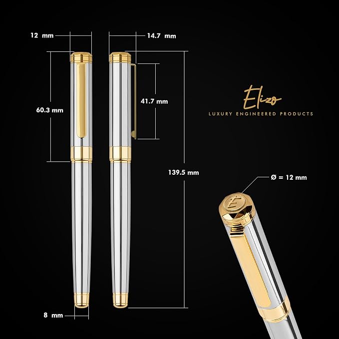 ELIZO Luxury Rollerball Pen & 2-Layer Leather Desk Mat Bundle – 24K Gold Trim Executive Pen with Schmidt Ink & Large 3mm Desk Pad Blotter for Office, Keyboard & Laptop