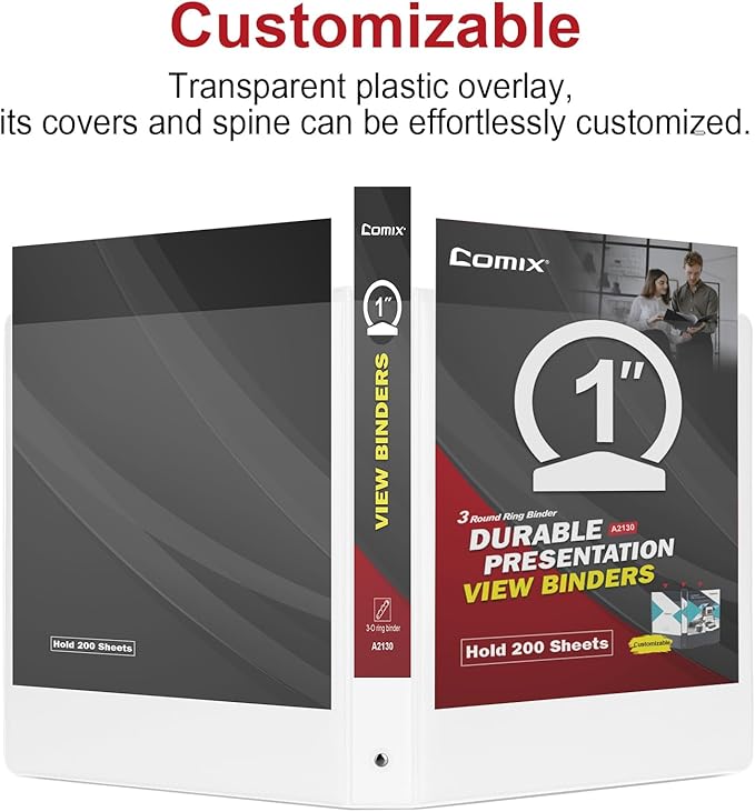 COMIX Sturdy 3 Ring Binder 1 inch with Clear View Cover, 1" Round Ring View Binder, PVC-Free, 200 Sheets Capacity of US Letter Size Paper, Office ＆ School Supplies, 6 Pack (White)