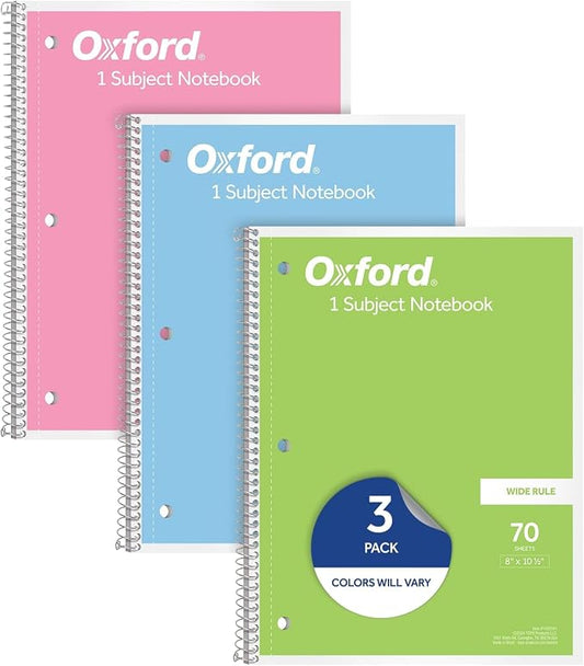 Oxford Spiral Notebooks, 1 Subject, Wide Ruled Notebooks for School, 8 x 10.5 Inches, 70 Sheets, Assorted Pastel Colors, Back to School Supplies (1002541) (Pack of 24)
