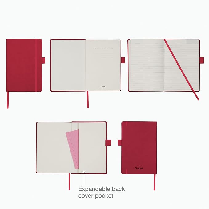 Oxford Premium A5 Journal Notebook, 5" x 8", 320 Lined Pages, Red Hardcover, Elastic Closure, Ribbon Bookmark, Pen Loop, Writing Notebook, Journal for School, Office, and Home (1017293)