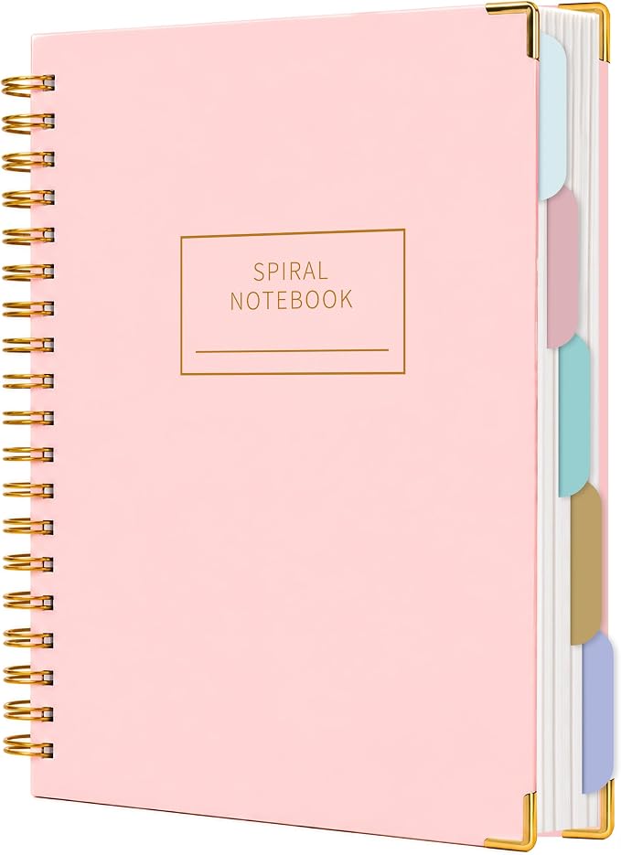 Yoment Hardcover Spiral Notebooks for Work School, B5 Journal Notebook with Tabs Dividers, Multi 5 Subject Notebook College Ruled, 240 Pages Lined Journal for Women, Pink