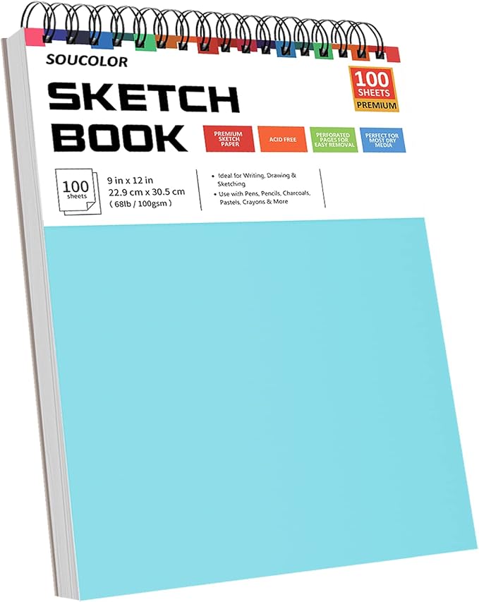 Soucolor 9x12 Sketch Book 2-Pack, 100 Sheets, Acid-Free Drawing Pads | Yop spiral-bound sketchbooks with 68lb acid-free paper,micro-perforated pages,& flat-lay design, great for kids and beginners
