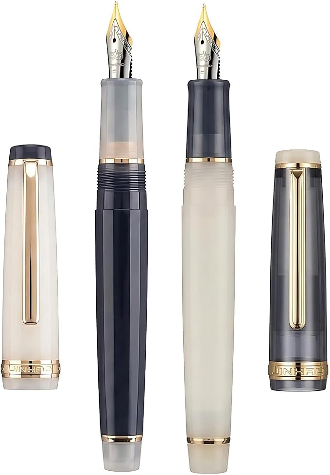 Jinhao 82 Clear Acrylic Fountain Pen 2-Pack, Fine Nib, Gray/Ivory White | Refillable Fountain Pens With Converter & Pouch. Sleek Clear Gray & Clear Ivory White design