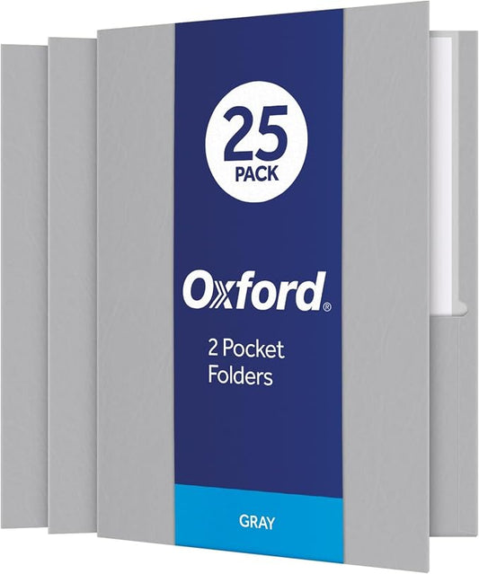Oxford Twin-Pocket Folders,Textured Paper,Letter Size,Gray,Holds 100 Sheets,Box of 25 (57505EE),(Pack of 5)
