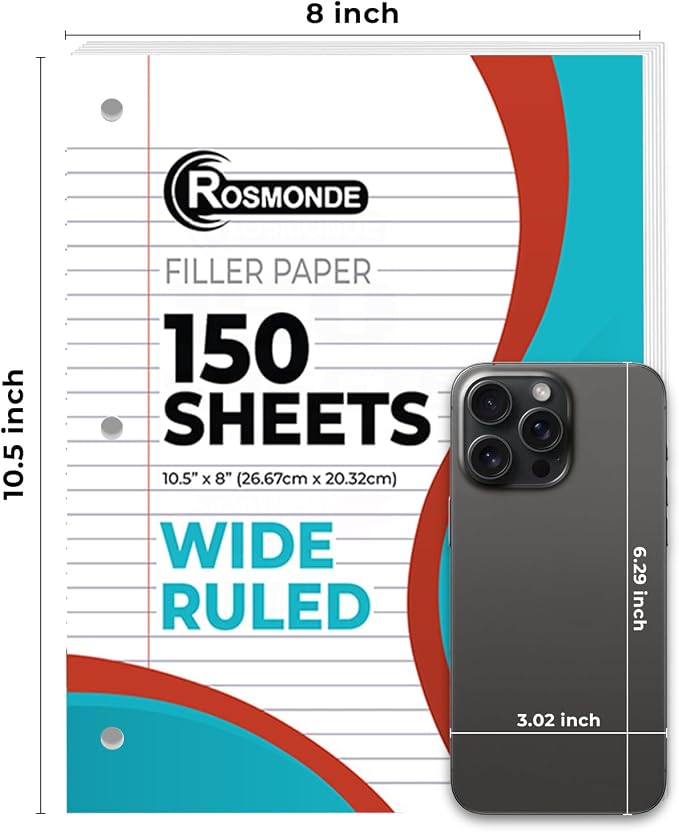 Rosmonde 576 Pack Loose Leaf Paper Bulk, 86400 Sheets, Wide Ruled Bulk | Pallet of Filler Paper, 150 Sheets/Pack, 8 x 10.5", Bulk Notebook Paper, 3 Hole Punched, School & Office, 4-7 Days Transit