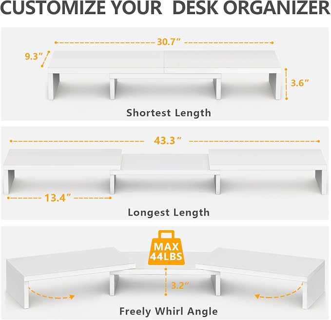 TAVR Dual Monitor Stand Riser, Wooden Computer Monitor Stand for 2 Monitors | Extra Long Multifunctional Desktop Organizer Riser for TV, PC Monitor, Laptop, Printer, Max 43.3" Length, White