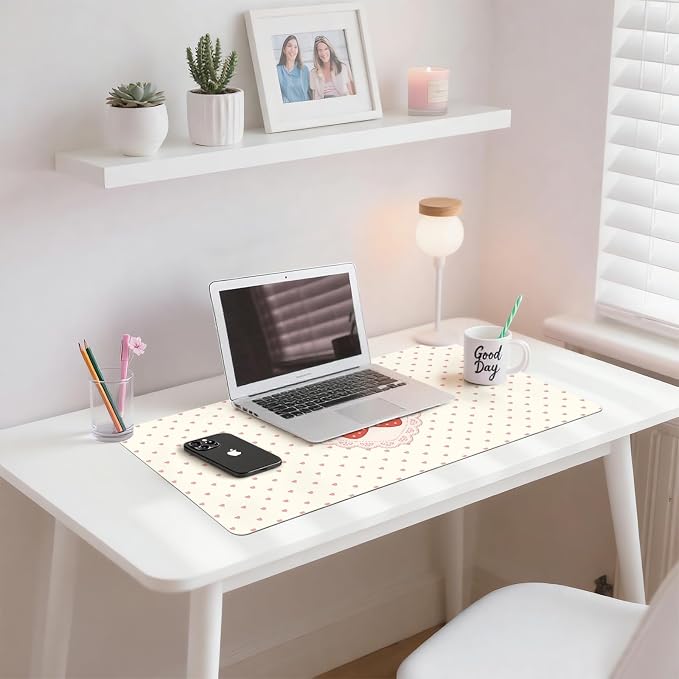 Strawberry Love Heart Leather Desk Mat Extended Gaming Mouse Pad | Non-slip Large Writing Pad Laptop Blotter Computer Keyboard Mat | Cute Desk Protector for Home Office 23.6" x 11.8"