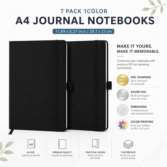 Laumoi 7 Pack Hardcover Journal Notebooks Bulk A5/A4/B5 Journaling Notebook Wide Ruled PU Leather Ruled Lined Journals with Pen Holder for School Business Work Writing (Black,A4)