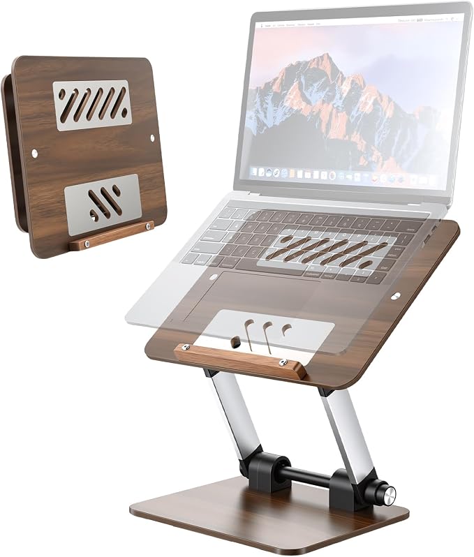 aceyoon Walnut Wood Laptop Stand 180° Adjustable Retro Style Foldable Notebook Riser Heat Dissipation Vintage Desktop Book Stands Natural Grain Laptop Bracket Compatible with 10-15.6” Laptops