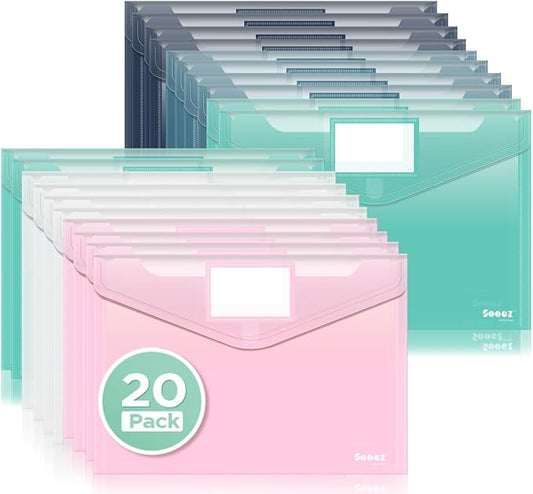 Sooez 20 Pack Plastic Envelopes, Plastic File Folders, Clear Folders | Trendy Colors, Super Heavyweight Document Holders, Storage Pouches, File Envelopes for School Office Supplies