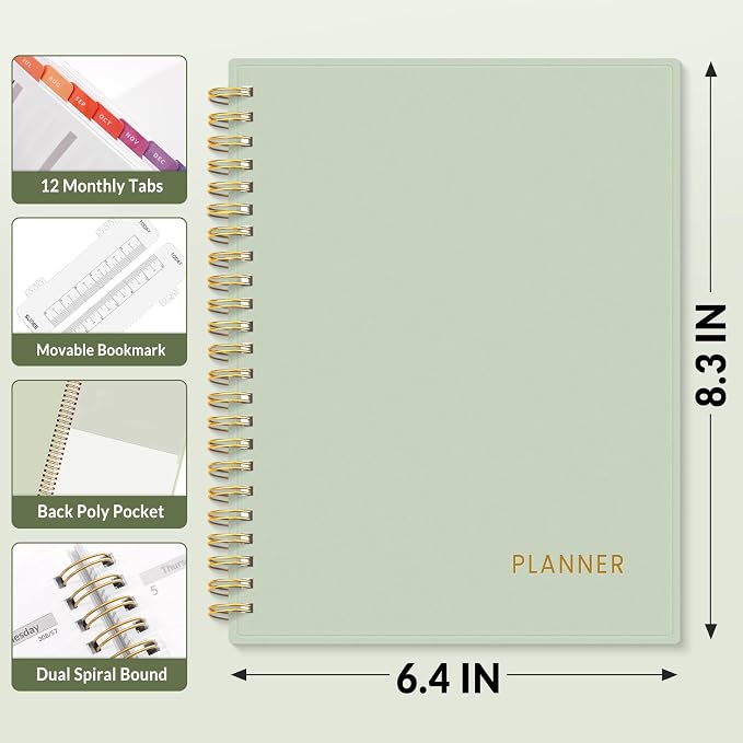 SUNEE Academic Planner 2026-2027 – Weekly & Monthly Planner, July 2026 to June 2027, 6.4"x8.3", Thick Paper, Tabs, Pockets, Bookmark, Spiral-Bound, Student Teacher Organizer, Sage Green