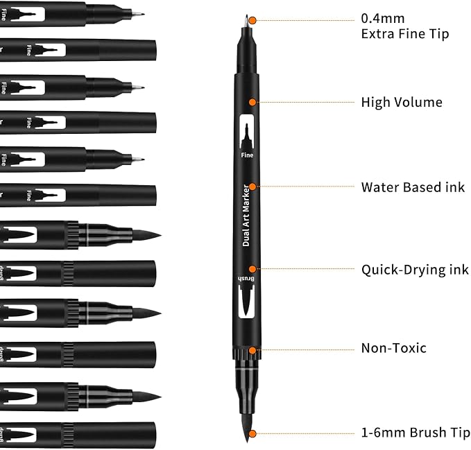 Black Drawing Pens, 12 Pack Felt Tip Markers for Adults and Kids, Dual Tip Brush Fineliners Pens for Art Drawing Sketching