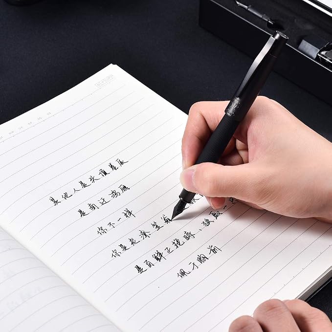 Pure Black Fountain Pen, PVD Coated Black Bent Nib Solid Metal Fude Pen, Metal Box Set by Hongdian