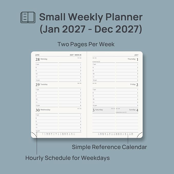 POPRUN Pocket Calendar 2027, 4" x 6.25" Pocket Calendar for Purse, Jan 2027 - Dec 2027 Small Planner, Weekly Appointment Book with Hourly Time Slots, Hardcover, 100 GSM - Dark Green