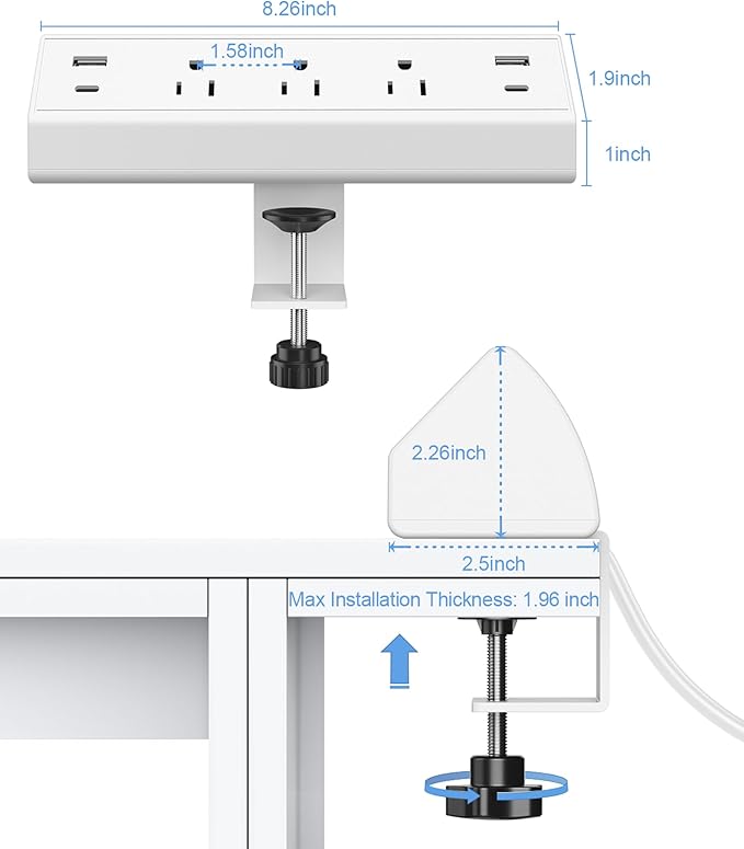 Jgstkcity Desk Clamp Power Strip,40W Total Fast Charging Station,2 PD 20W USB C Ports,Desk Edge Mount Surge Protector for Home, Office,3 Outlets,Fit 1.96" Tabletop Edge,ETL Listed,White | 2 PD 20W USB C Ports, 3 Outlets, Desk Edge Mount, Fit 1.96" Tabl...