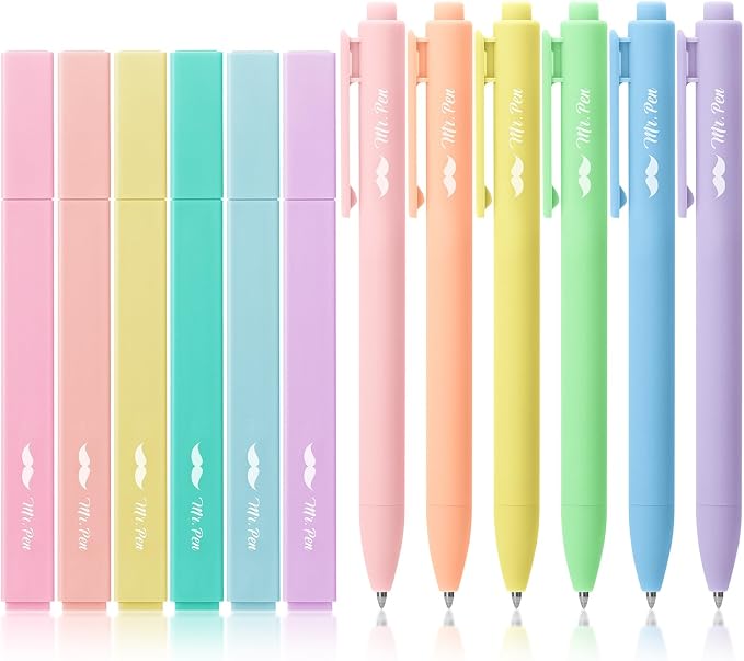 Mr. Pen- Aesthetic Highlighters and Gel Pens, 12 Pack | Pastel Colors Bible Highlighters No Bleed, Fine Point 0.7mm Gel Pens, Fast Dry and No Smear for Bible Journaling, Planner