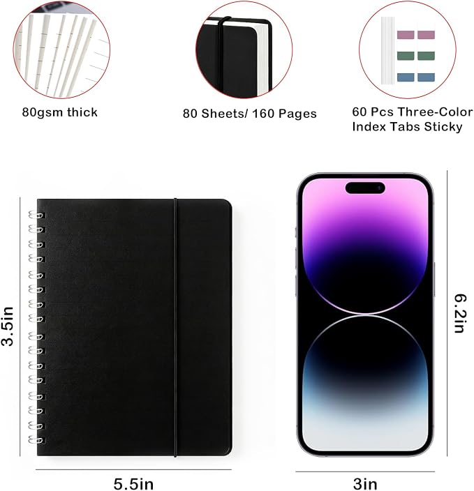 4 Pack Small Spiral Notebooks 3.5 x 5.5 in College Ruled, Mini Spiral Notebook, Waterproof 80 Sheets/160 Pages, Pocket Notebook with 120 Pcs Sticky Index Tabs for Home Office College School (Black)