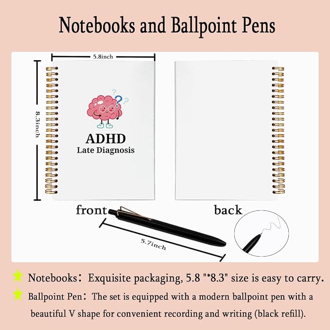 ADHD Late Diagnosis Spiral Notebook with Pen Set - A5 College Ruled Brain Dump Journal, Neurodivergent Self Care Gift for Women Men, Dopamine Writing Pad, Office Must Haves for Adults